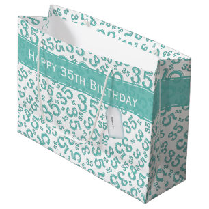 Happy 35th Birthday Number Pattern Teal/White Large Gift Bag