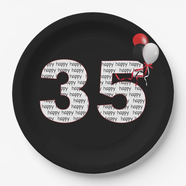 Happy 35th Birthday On Black Paper Plate (Front)