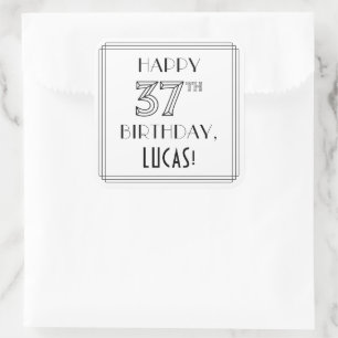 HAPPY 37TH BIRTHDAY, Art Deco Style, Custom Name Square Sticker
