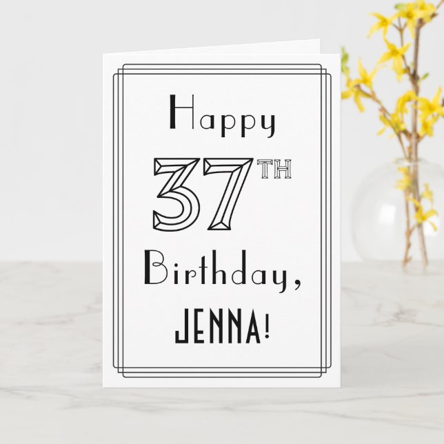 Happy 37th Birthday, Art Deco Style w/ Custom Name Card (Yellow Flower)