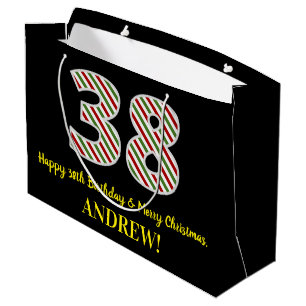 Happy 38th Birthday & Merry Christmas, Custom Name Large Gift Bag