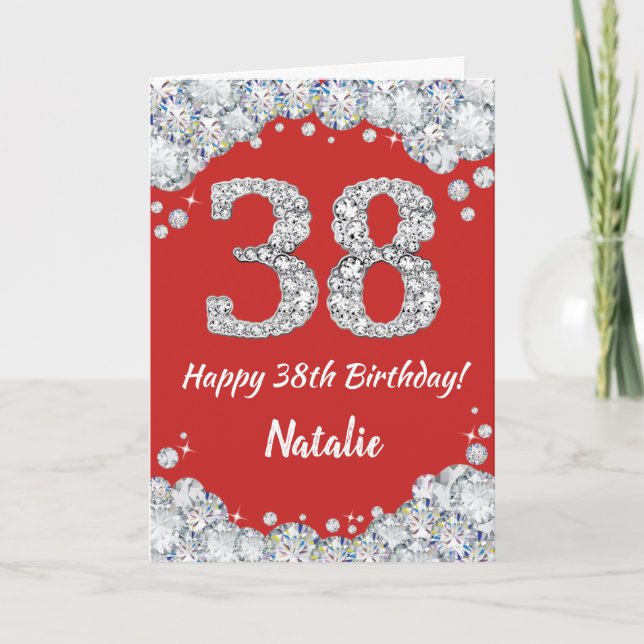 Happy 38th Birthday Red and Silver Glitter Card (Front)