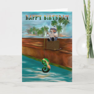 Happy 3 Birthday Children Teddy Bear fishing Card