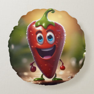 Happy 3D Animated Chilli Bean, Round Pillow