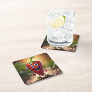 Happy 3D Animated Chilli Bean, Square Paper Coaster