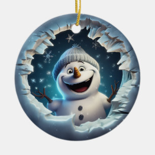 Happy 3d Snowman Ceramic Ornament