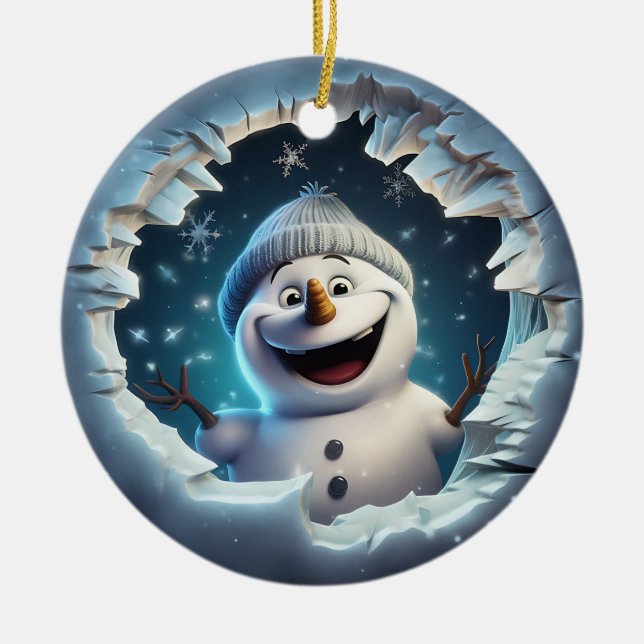 Happy 3d Snowman Ceramic Ornament (Front)