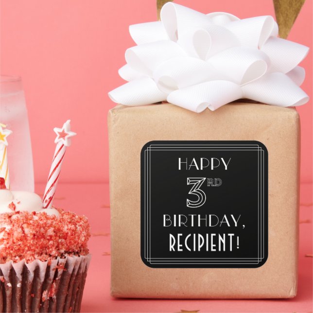 HAPPY 3RD BIRTHDAY; Art Deco Style; Custom Name Square Sticker (Party)