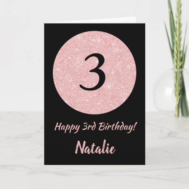 Happy 3rd Birthday Black and Rose Pink Gold Card (Front)