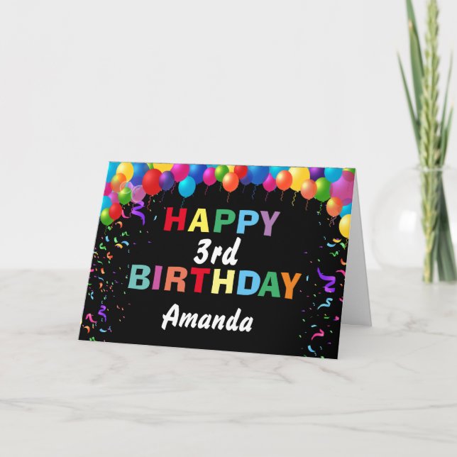 Happy 3rd Birthday Colourful Balloons Black Card (Front)