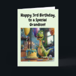 Happy 3rd Birthday Grandson, Dino, Personalized  Card<br><div class="desc">Happy 3rd Birthday to a special grandson! Congratulate the 3 year old with a special birthday rhyme and this cool dino partying around the birthday cake . Personalize with the 3rd birthday boy's name and your signature. Fully customizable, add your own text or change text just as you like. Also...</div>