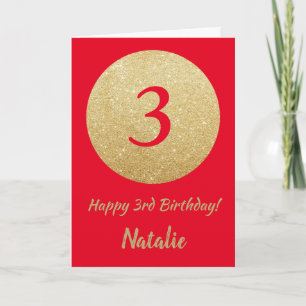 Happy 3rd Birthday Red and Gold Glitter Card