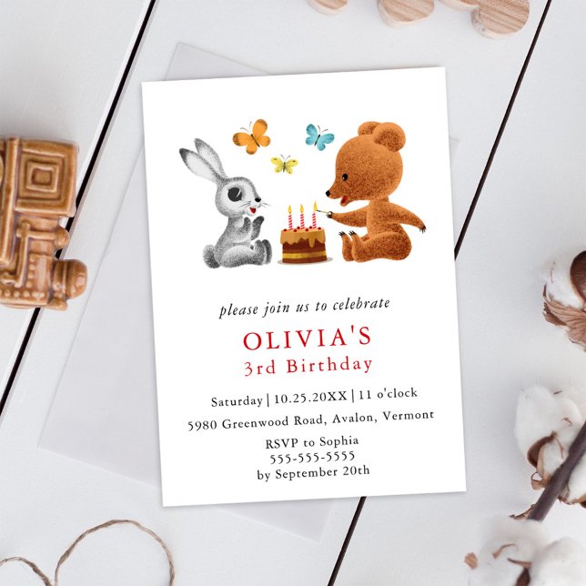 Happy 3rd Birthday Teddy Bear Bunny Cake Invitation Postcard (Creator Uploaded)