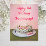 Happy 3rd Wedding Anniversary Cake Card<br><div class="desc">Indulge in our exquisite 3rd wedding anniversary cake card,  a sweet celebration of love. Delicate layers of fondant elegance,  adorned with edible flowers,  perfect for marking cherished milestones.</div>