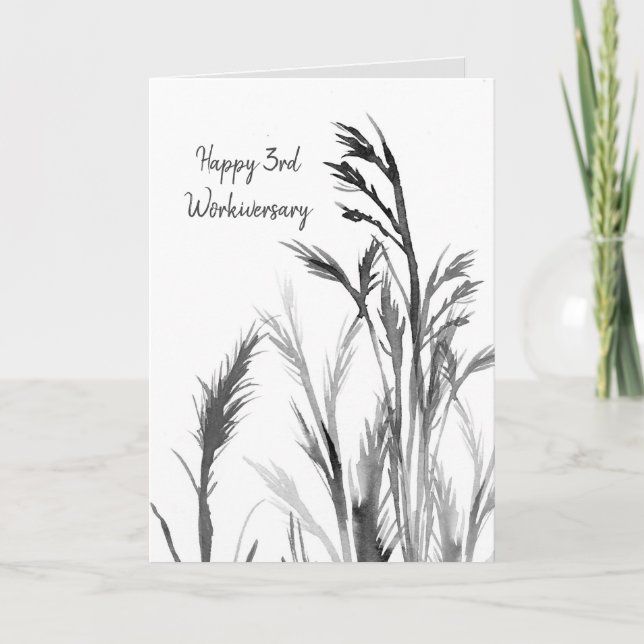 Happy 3rd Workiversary Black White Plants Card (Front)