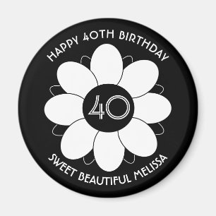 Happy 40 Birthday Floral Design Pattern Black Magnet