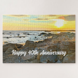 Happy 40th Anniversary Golden Sunset Photo and Sea Jigsaw Puzzle