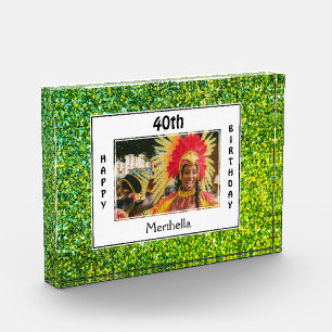 Happy 40th Birthday    ANY AGE   GREEN Glitter Photo Block