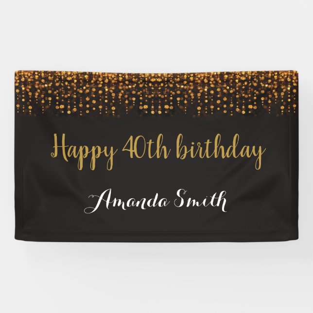 Happy 40th Birthday Banner. Black and Gold Glitter Banner (Horizontal)