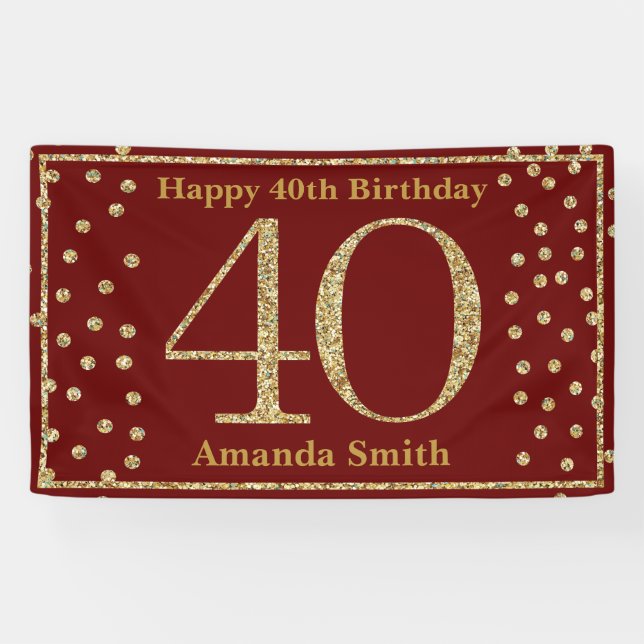 Happy 40th Birthday Banner Burgundy Red Gold (Horizontal)