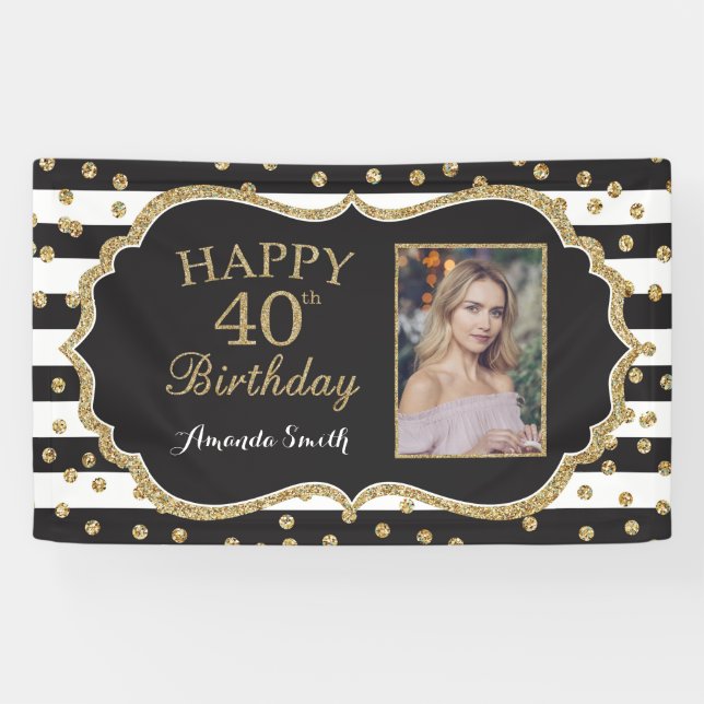 Happy 40th Birthday Banner. Gold Glitter Photo Banner (Horizontal)