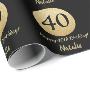 Happy 40th Birthday Black and Gold Glitter Wrapping Paper
