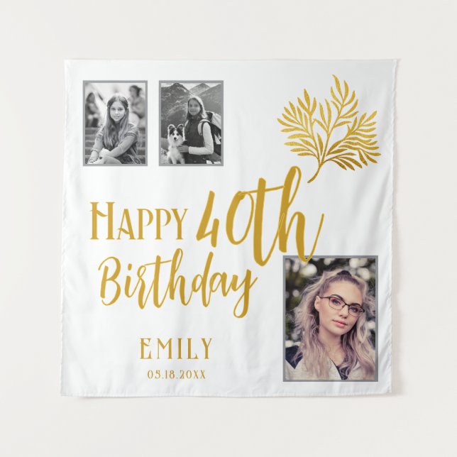 Happy 40th Birthday Gold Foliage 3 Photo Backdrop Tapestry (Front)