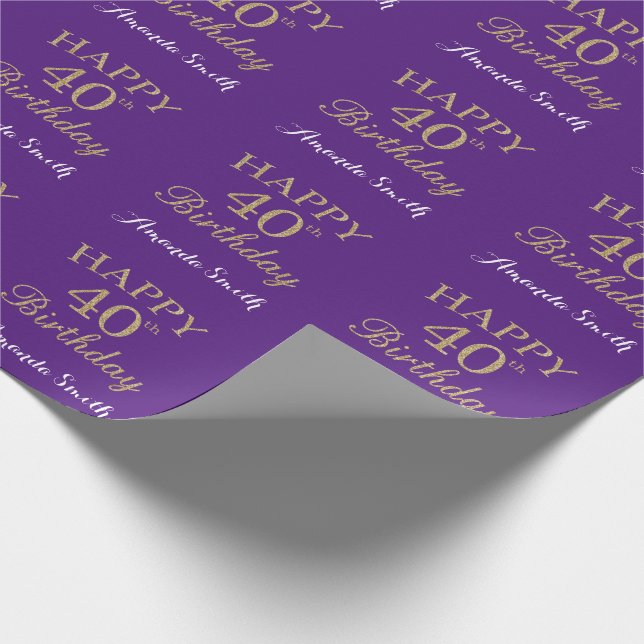 Happy 40th Birthday Gold Glitter and Purple Wrapping Paper (Corner)