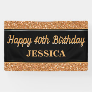 Happy 40th Birthday Gold Glitter Black Banner