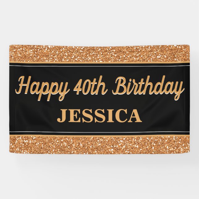 Happy 40th Birthday Gold Glitter Black Banner (Horizontal)