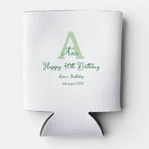Happy 40th birthday green add name monogram modern can cooler
