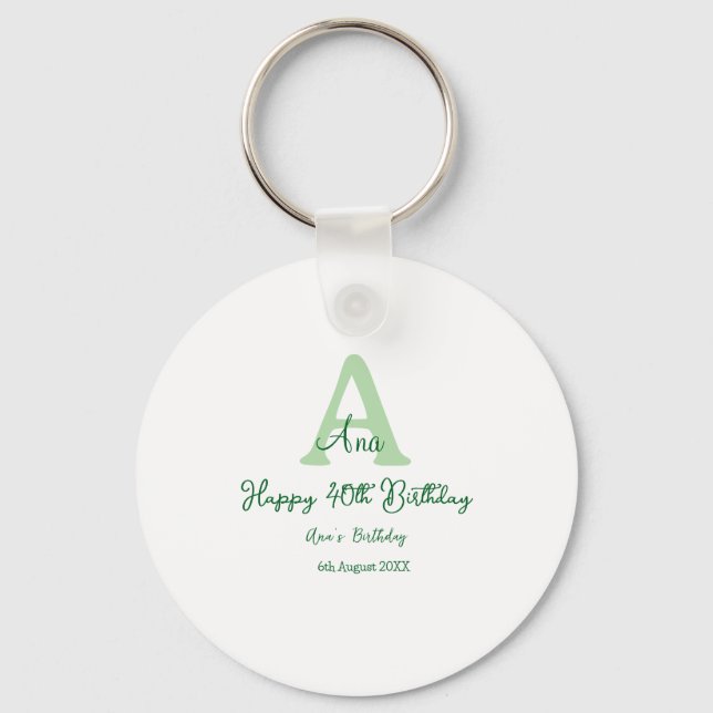 Happy 40th birthday green add name monogram modern keychain (Front)