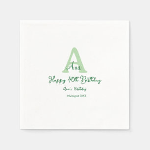 Happy 40th birthday green add name monogram modern napkin