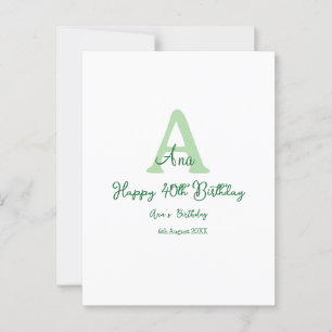 Happy 40th birthday green add name monogram modern postcard