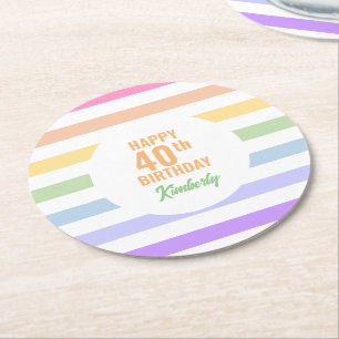 Happy 40th Birthday in Rainbow Stripes Round Paper Coaster