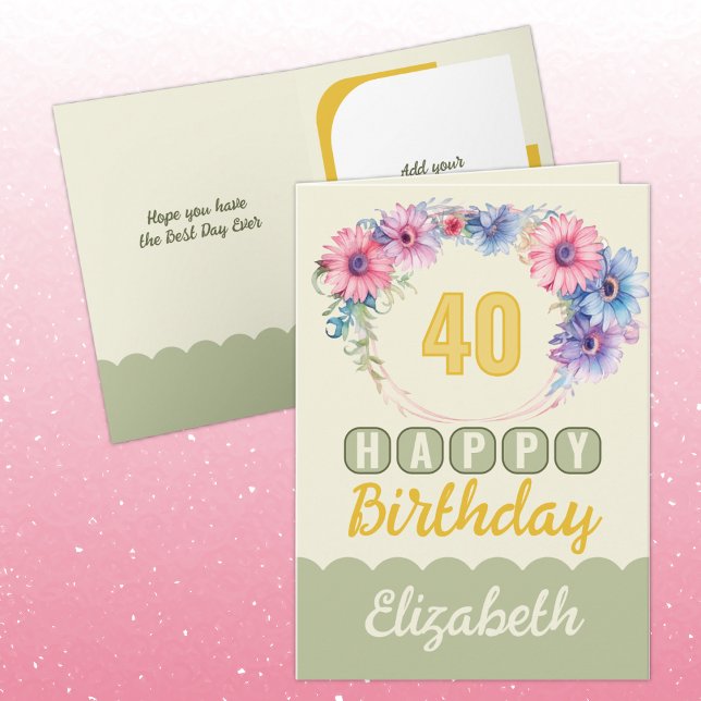 Happy 40th Birthday name floral yellow Card (Creator Uploaded)