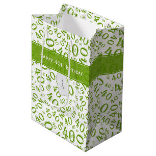 Happy 40th Birthday Number Pattern Green and White Medium Gift Bag