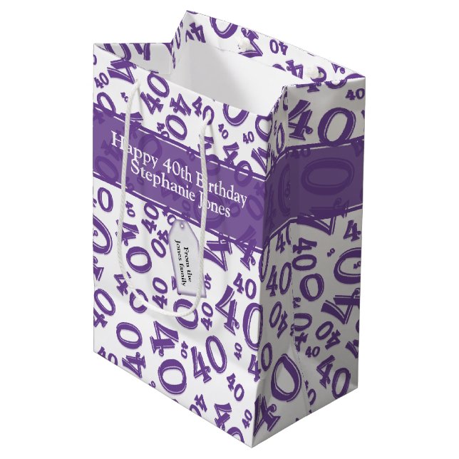 Happy 40th Birthday Number Pattern Purple/White 40 Medium Gift Bag (Front Angled)