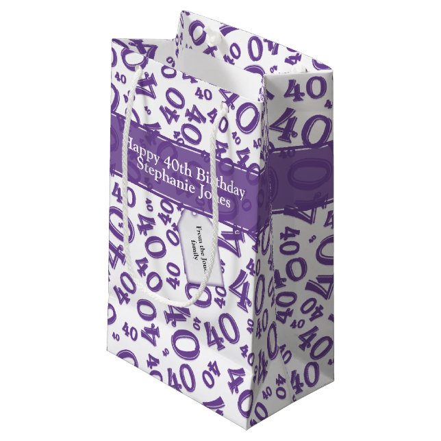 Happy 40th Birthday Number Pattern Purple/White 40 Small Gift Bag (Front Angled)