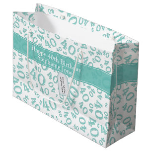 Happy 40th Birthday Number Pattern Teal and White Large Gift Bag