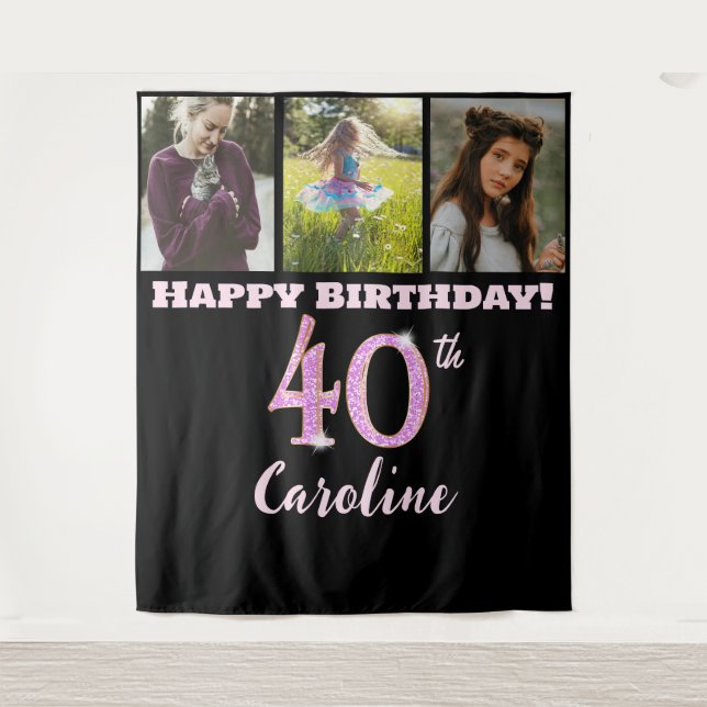 Happy 40th Birthday Party, Pink Glitter & 3 photos Tapestry (Front)