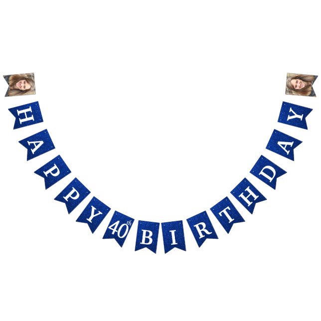 Happy 40th Birthday Photo Blue Glitter Bunting Flags (All)