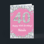 Happy 40th Birthday Pink and Silver Glitter Card<br><div class="desc">Happy 40th Birthday Pink and Silver Glitter Card with personalized name. For further customization,  please click the "Customize it" button and use our design tool to modify this template.</div>