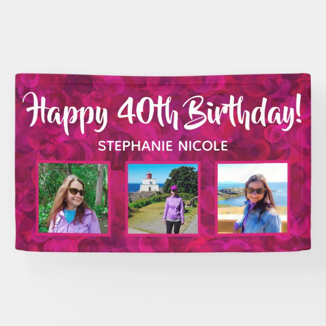 Happy 40th Birthday Pink Personalized Photos Banner (Horizontal)