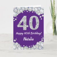 Happy 40th Birthday Purple and Silver Glitter Card
