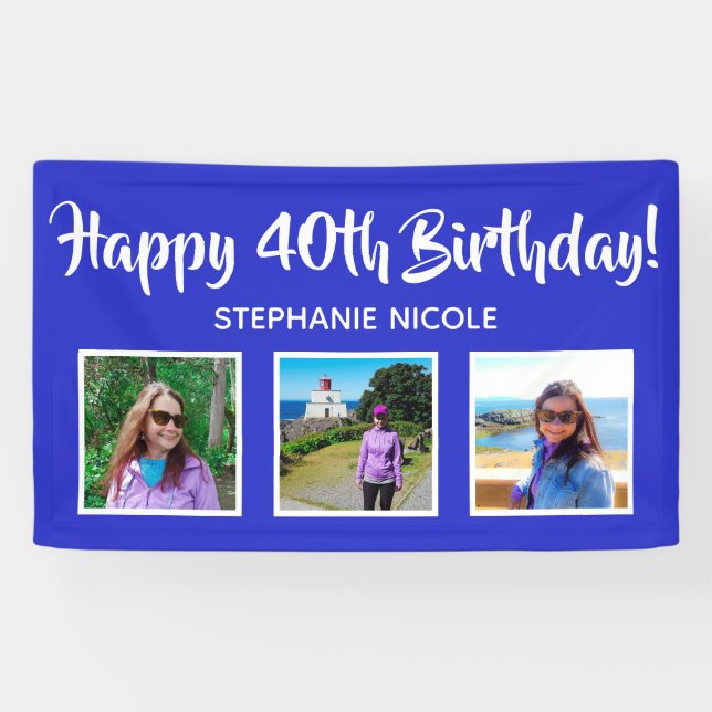 Happy 40th Birthday Royal Blue Personalized Photos Banner (Horizontal)