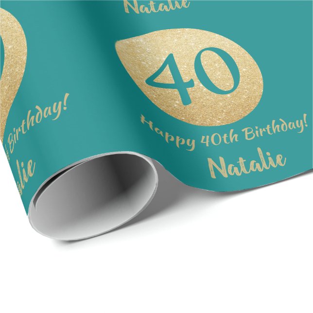 Happy 40th Birthday Teal and Gold Glitter Wrapping Paper (Roll Corner)