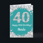 Happy 40th Birthday Teal and Silver Glitter Card<br><div class="desc">Happy 40th Birthday Teal Turquoise Aqua and Silver Glitter Card with personalized name. For further customization,  please click the "Customize it" button and use our design tool to modify this template.</div>