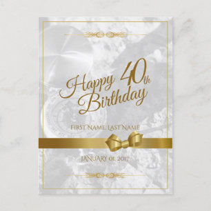 Happy 40th birthday with golden bow holiday postcard