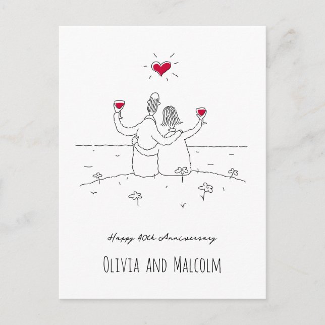 Happy 40th Wedding Anniversary Red Heart Couple Postcard (Front)